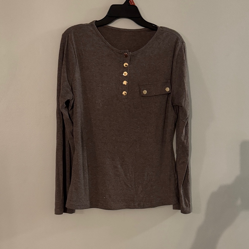SHEIN Brown Long Sleeve Top with Gold Buttons